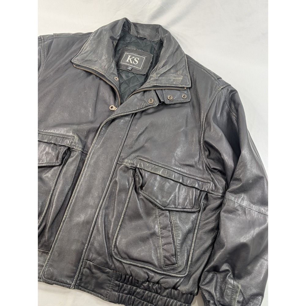 Vintage Y2k Black Full Zip Leather‎ Bomber Flight Jacket XL Mens Quilted  Heavy